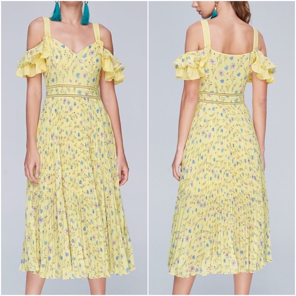 OPT Retsina Floral Print Pleated A-Line Midi Dress Size XS Yellow Cold Shoulder - Picture 13 of 13